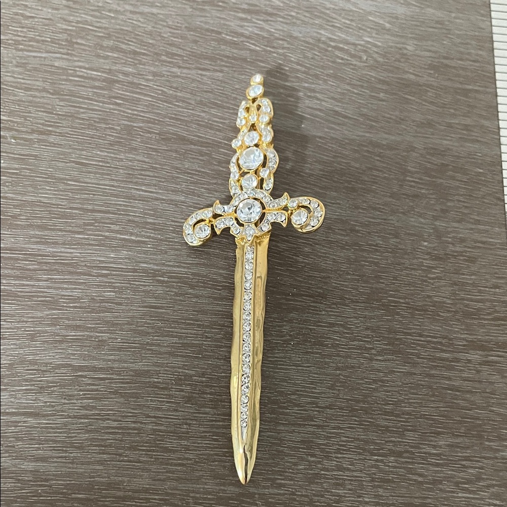 Artisan Gold and Clear Crystal Sword Pin Brooch